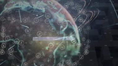 Simgelerin animasyonu, bağlantılar ağı ve siyah uzayda dönen dünya. küresel bağlantılar, teknoloji ve dijital arayüz konsepti dijital olarak oluşturulmuş video.