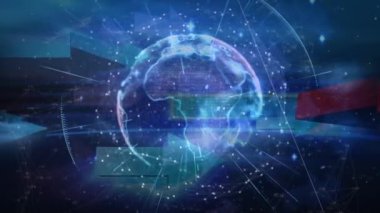 Deniz kuvvetlerinde dönen oklar, ışıklar ve küre animasyonları. küresel bağlantılar, teknoloji ve dijital arayüz konsepti dijital olarak oluşturulmuş video.