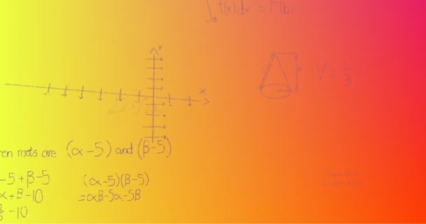 Animering Handskrivna Matematiska Formler Över Gul Till Röd Bakgrund Vetenskap — Stockvideo