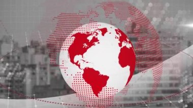 Veri işleme ve şehir manzaralı küre animasyonu. küresel bağlantılar, dijital arayüz ve dijital olarak oluşturulmuş video işleme konsepti.