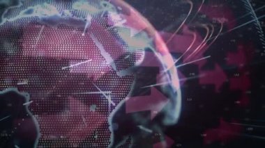 Pembe ve siyah uzayda dönen oklar, ışıklar ve kürenin animasyonu. küresel bağlantılar, teknoloji ve dijital arayüz konsepti dijital olarak oluşturulmuş video.