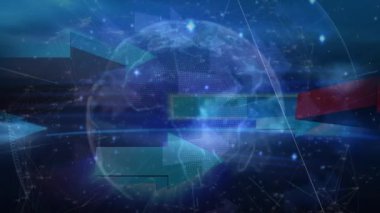 Donanma uzayında dönen ok ve küre animasyonları. küresel bağlantılar, teknoloji ve dijital arayüz konsepti dijital olarak oluşturulmuş video.