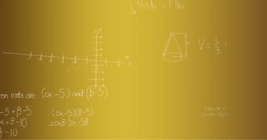 Sarı arkaplan üzerinde elle yazılmış matematiksel formüllerin animasyonu. Bilim, matematik ve öğrenme konsepti dijital olarak oluşturulmuş video.