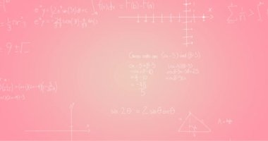 Pembe arka planda elle yazılmış matematiksel formüllerin animasyonu. Bilim, matematik ve öğrenme konsepti dijital olarak oluşturulmuş video.