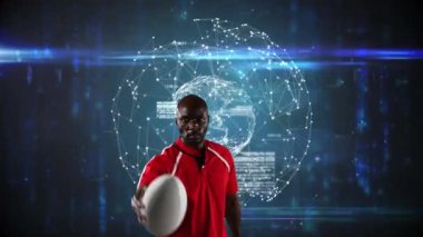 Afrika kökenli Amerikan ragbi oyuncusunun dünya çapındaki animasyonu ve bağlantı ağı. global spor, bağlantılar, teknoloji ve veri işleme kavramı dijital olarak oluşturulmuş video.