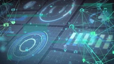 Çeşitli veriler üzerinden simgelerle bağlantı ağının animasyonu. küresel bağlantılar, veri işleme ve dijital arayüz konsepti dijital olarak oluşturulmuş video.
