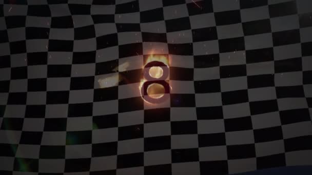 Анимация Светящегося Горящего Восьмого Числа Над Размахивающим Черно Белым Гоночным — стоковое видео