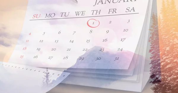 Imagen Árboles Sobre Calendario Resoluciones Año Nuevo Enero Seco Concepto — Foto de Stock