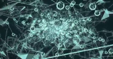 Siyah arkaplan üzerindeki simgelerle yeşil bağlantı ağının animasyonu. küresel bağlantılar, dijital arayüz ve ağ konsepti dijital olarak oluşturulmuş video.