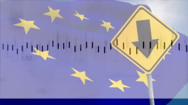 Yol tabelası ve eu bayrağı üzerinde finansal veri işleme animasyonu. küresel finans, iş ve dijital arayüz kavramı dijital olarak oluşturulmuş video.