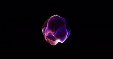 Siyah arka planda dönen mavi ve pembe şekillerin animasyonu. renk, hareket ve dijital arayüz kavramı dijital olarak oluşturulmuş video.