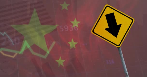 Animación Del Procesamiento Datos Financieros Través Señal Tráfico Bandera China — Vídeos de Stock
