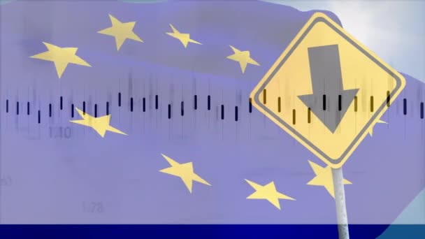 Анимация Обработки Финансовых Данных Над Дорожным Знаком Флагом Глобальных Финансов — стоковое видео