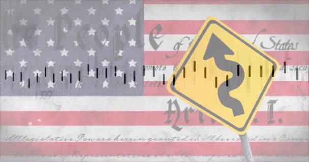 Animace Zpracování Finančních Údajů Přes Dopravní Značku Vlajku Usa Globální — Stock video