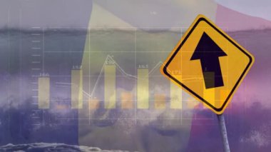 Belçika bayrağı ve yol işareti üzerinde finansal veri işleme animasyonu. küresel finans, iş ve dijital arayüz kavramı dijital olarak oluşturulmuş video.