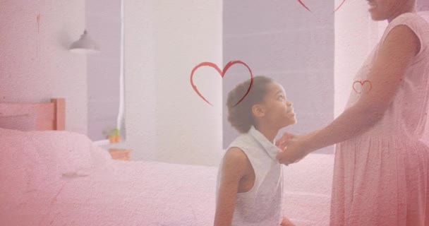 Анімація Сердець Падають Над Афро Американською Жінкою Дочкою Концепція Стилю — стокове відео