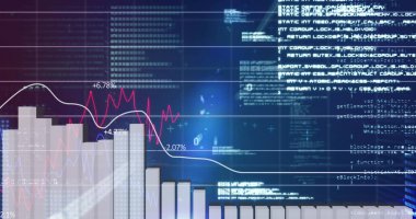 Mavi arkaplanda veri işleme resmi. küresel iş, finans, bağlantılar ve dijital arayüz konsepti dijital olarak oluşturulmuş görüntü.