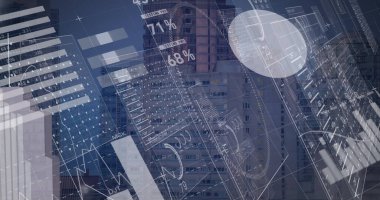 Şehir manzarası üzerinde veri işleme resmi. küresel iş, finans, bağlantılar ve dijital arayüz konsepti dijital olarak oluşturulmuş görüntü.