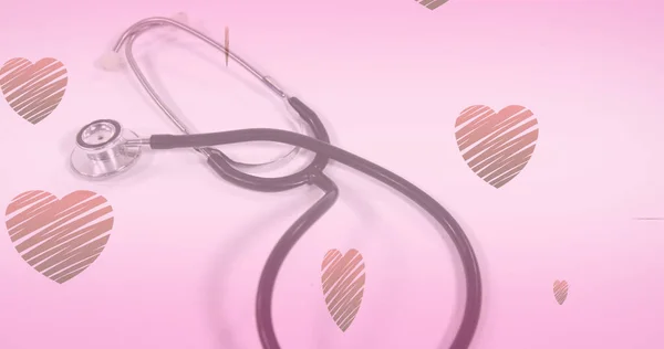 Kuva Sydämistä Jotka Putoavat Stetoskoopin Päälle Vaaleanpunaisella Taustalla Lääketieteen Terveydenhuollon — kuvapankkivalokuva