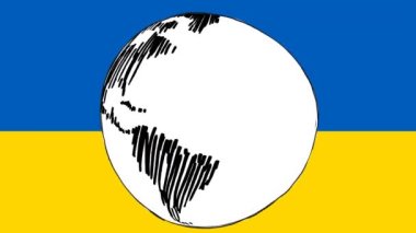 Ukrayna bayrağı üzerinde dönen dünyanın animasyonu. Ukrayna krizi ve uluslararası politika kavramı dijital olarak oluşturuldu.