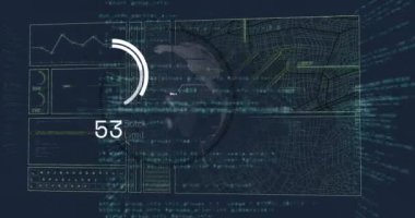 Siyah arkaplanda veri işleme ve küre animasyonu. küresel iş ve dijital arayüz kavramı dijital olarak oluşturulmuş video.