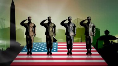 Amerikan bayrağı animasyonu ve şehir manzarasında selamlaşan dört asker. Silahlı Kuvvetler Günü ve Amerikan vatanseverlik kavramı dijital olarak oluşturulmuş video.