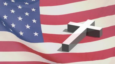 ABD bayrağını sallayan Hristiyan haçı animasyonu. din, inanç, Hristiyanlık ve Amerikan vatanseverliği dijital olarak üretilen video konsepti.