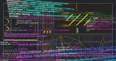 Siyah arkaplanda veri işleme animasyonu. küresel iş ve dijital arayüz kavramı dijital olarak oluşturulmuş video.