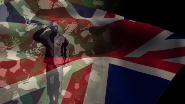 Animatie Van Britse Vlag Soldaat Saluerend Camouflage Achtergrond Strijdkrachten Dag — Stockvideo