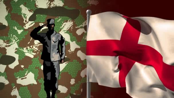 Animation Drapeau Anglais Soldat Saluant Sur Fond Camouflage Journée Des — Video