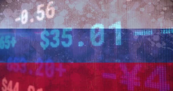 Animación Flechas Gráficos Datos Financieros Sobre Bandera Rusia Crisis Ucraniana — Vídeos de Stock