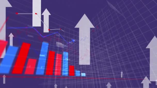 Animación Flechas Cambio Datos Financieros Gráficos Sobre Fondo Violeta Finanzas — Vídeo de stock