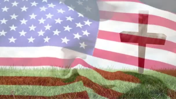 Animation Von Christlichem Kreuz Und Gras Über Schwenkender Flagge Religion — Stockvideo
