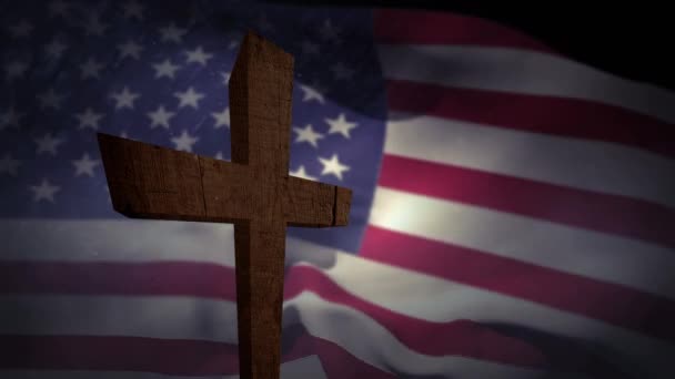 Animace Křesťanského Kříže Nad Vlající Vlajkou Usa Náboženství Víra Křesťanství — Stock video