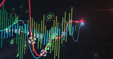 Siyah arkaplanda veri işleme resmi. küresel iş, finans, bağlantılar ve dijital arayüz konsepti dijital olarak oluşturulmuş görüntü.