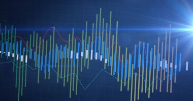 Mavi arkaplanda veri işleme resmi. küresel iş, finans, bağlantılar ve dijital arayüz konsepti dijital olarak oluşturulmuş görüntü.