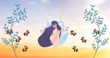 Hamile bir kadının üzerinde uçan kelebeklerin resmi. Ebe ve hamilelik kavramının uluslararası günüName.