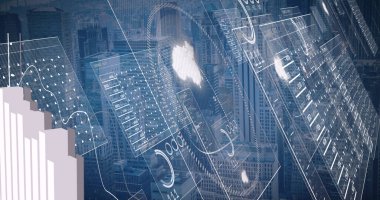 Şehir manzarası üzerinde veri işleme resmi. küresel iş, finans, bağlantılar ve dijital arayüz konsepti dijital olarak oluşturulmuş görüntü.