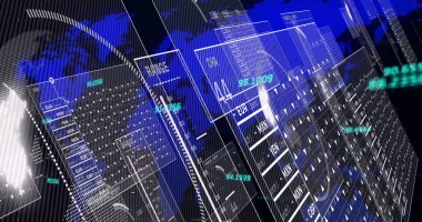 Dünya haritası üzerinde veri işleme resmi. küresel iş, finans, bağlantılar ve dijital arayüz konsepti dijital olarak oluşturulmuş görüntü.