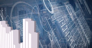 Şehir manzarası üzerinde veri işleme resmi. küresel iş, finans, bağlantılar ve dijital arayüz konsepti dijital olarak oluşturulmuş görüntü.