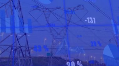 Düşen okların animasyonu, elektrik direkleriyle ilgili finansal verileri ve grafikleri değiştirmek. küresel finans, ekonomi, Ukrayna krizi ve dijital olarak üretilen uluslararası politika kavramı.