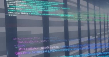 Veri işleme animasyonu ve mavi arkaplandaki çizgiler. küresel iş ve dijital arayüz kavramı dijital olarak oluşturulmuş video.