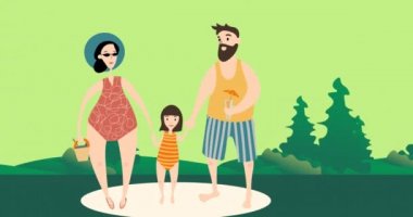 Aile animasyonu, el ele tutuşmak ve yeşil arka planda mayo giymek. soyut arkaplan kavramı dijital olarak oluşturulmuş video.