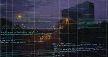 Şehir manzarası üzerinde veri işleme animasyonu. küresel iş ve dijital arayüz kavramı dijital olarak oluşturulmuş video.