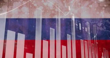 Rusya bayrağı üzerinde grafiklerin ve finansal verilerin animasyonu. Ukrayna krizi ve uluslararası politika kavramı dijital olarak oluşturuldu.
