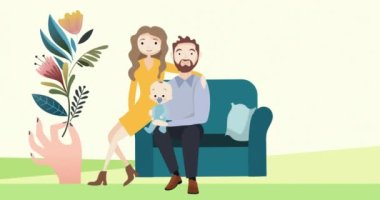Evde ve el ele tutuşan aile animasyonu yeşil arka planda çiçeklerle. soyut arkaplan kavramı dijital olarak oluşturulmuş video.