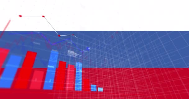 Animación Flechas Gráficos Datos Financieros Sobre Bandera Rusia Crisis Ucraniana — Vídeo de stock