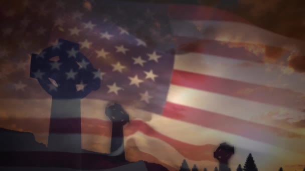 Animación Cruces Cementerio Sobre Ondeando Bandera Usa Religión Cristianismo Patriotismo — Vídeo de stock