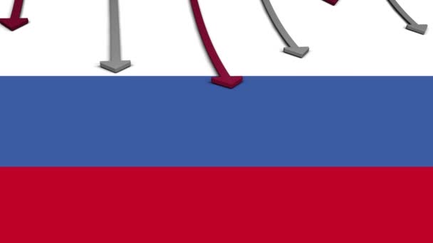 ロシアの旗の上に落ちてくる矢のアニメーション ウクライナ危機と国際政治の概念デジタルで生成されたビデオ — ストック動画