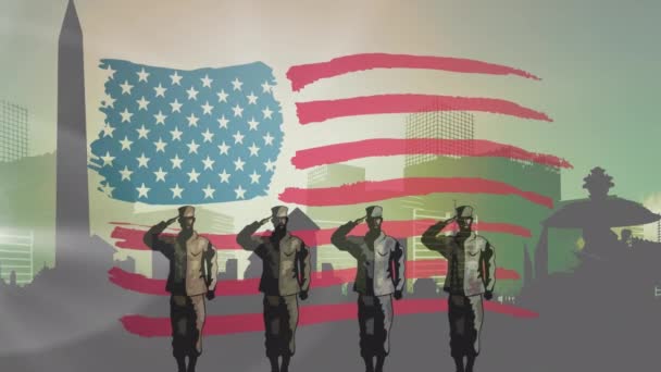Анимация Американского Флага Четырех Солдат Салютующих Городскому Пейзажу День Вооруженных — стоковое видео